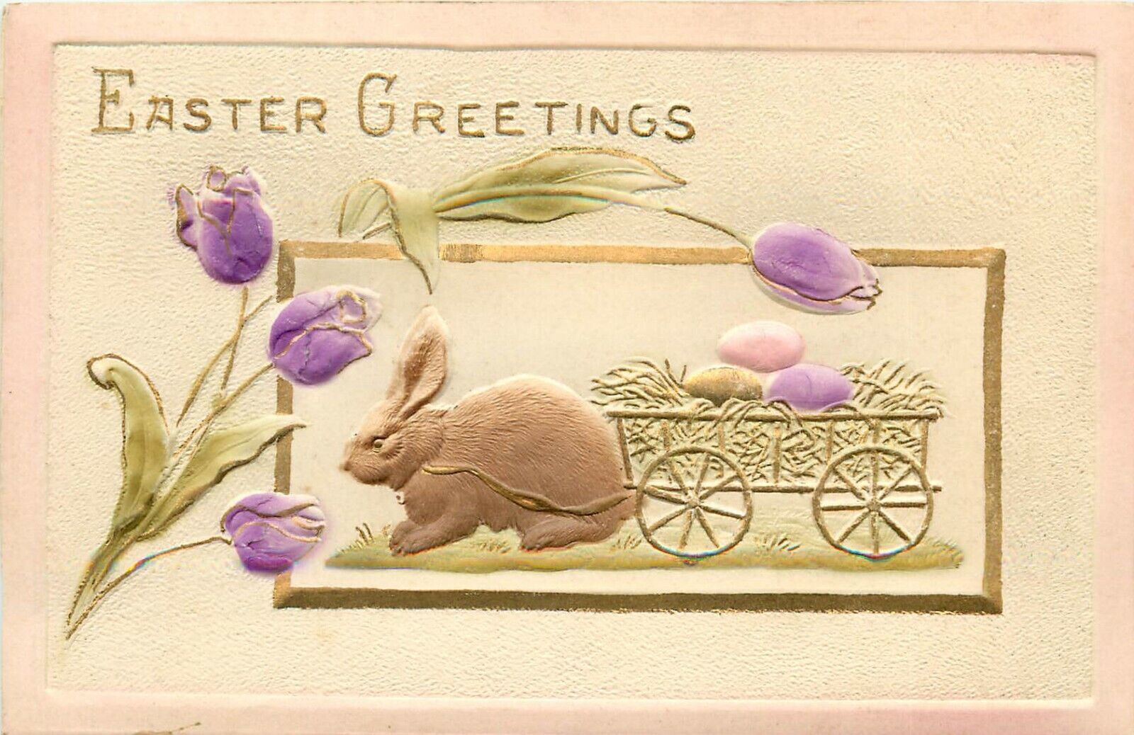 Embossed Airbrush Easter Postcard Rabbit pulls Tiny Cart w Eggs, Purple Tulips