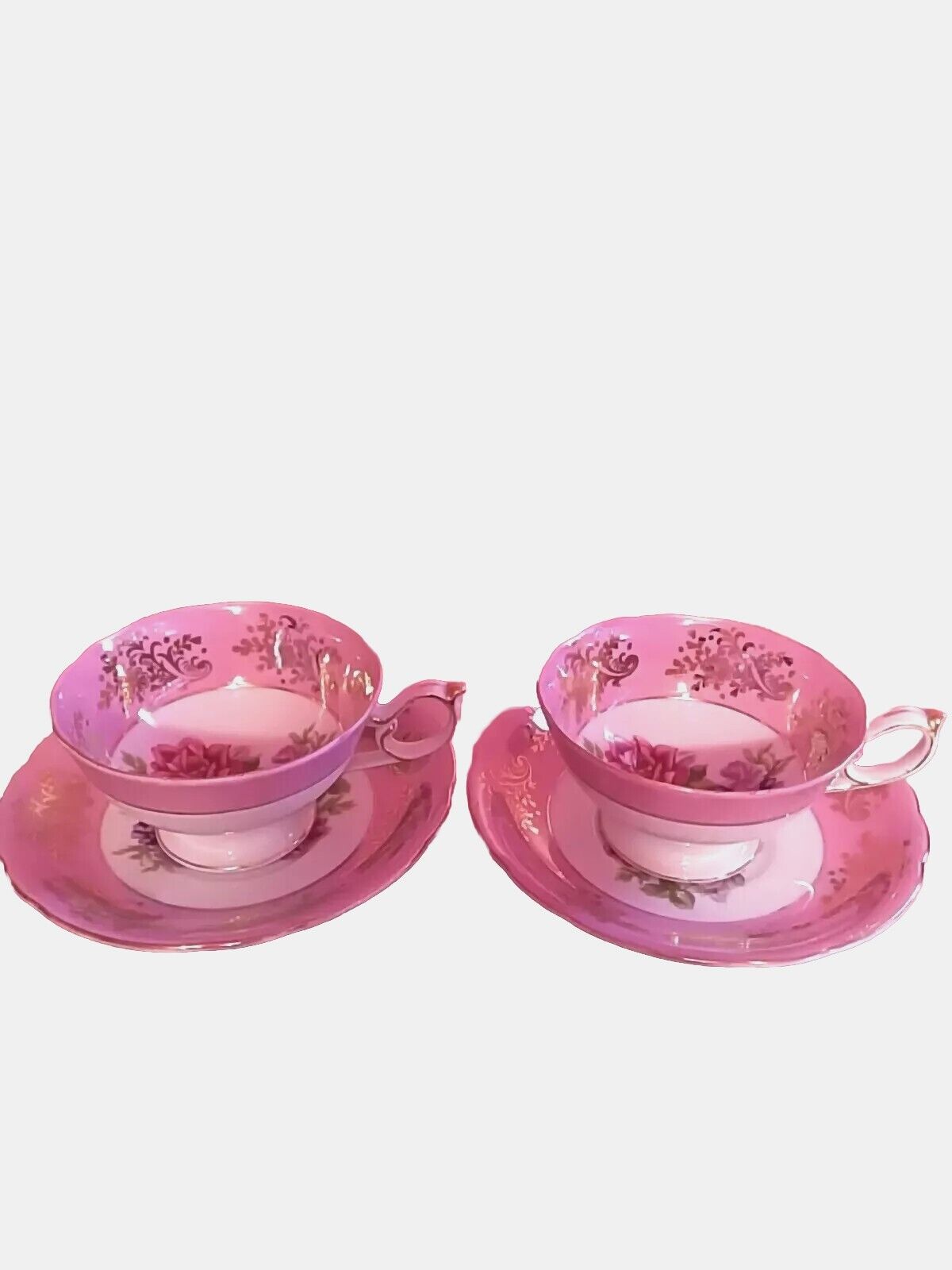 2 Vintage Royal Halsey Pink Iridescent Teacups And Saucers