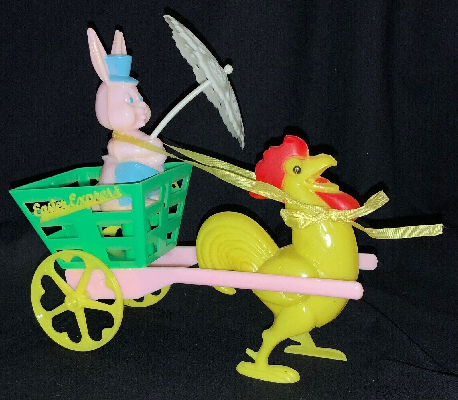 VINTAGE ROSBRO PLASTIC EASTER TOY - ROOSTER PULLING ‘EASTER EXPRESS’ & BUNNY