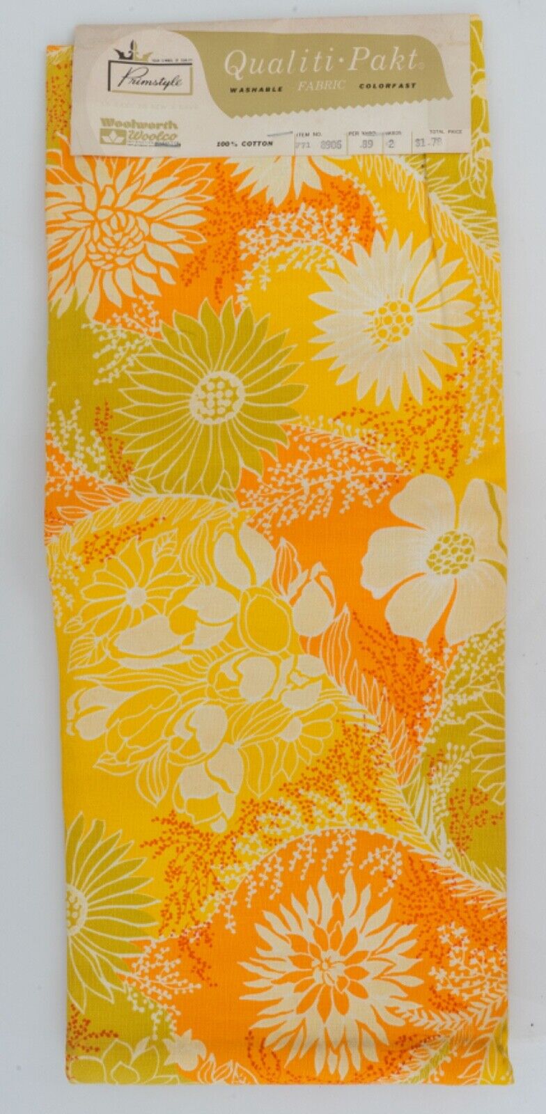 1960s Quality-Pakt Fabric 2 yds Orange & Avocado Floral Print Cotton Twill