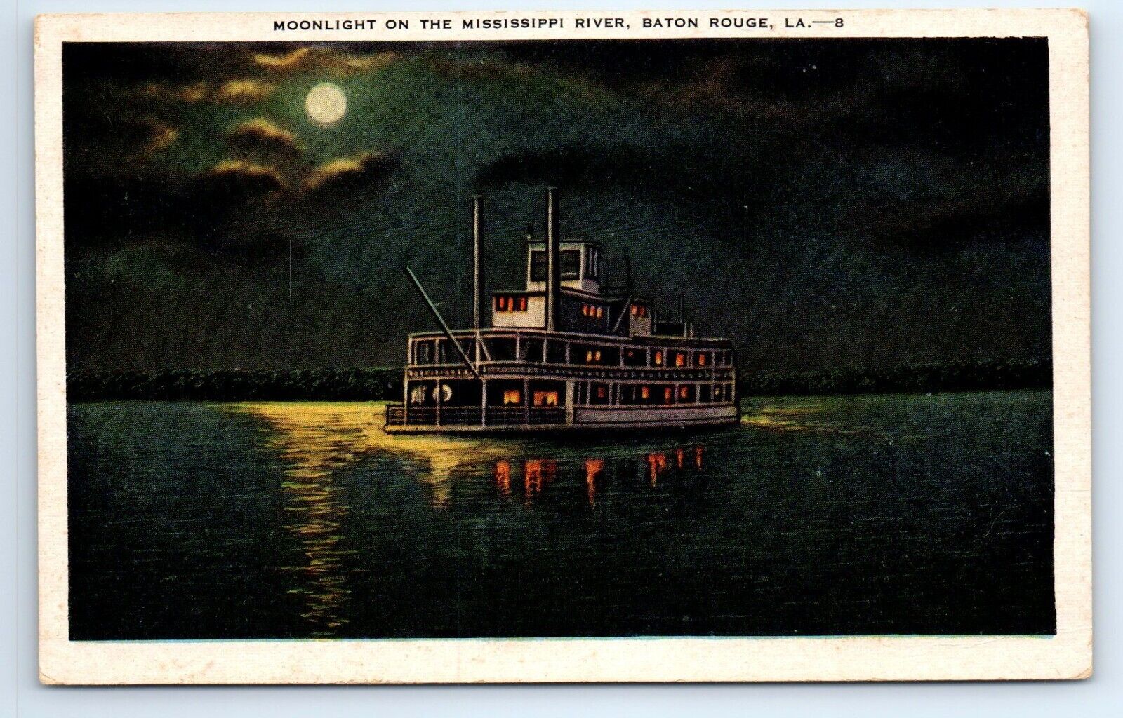 Baton Rouge Louisiana LA Mississippi River Moonlight Postcard c.1930 *CREASING*
