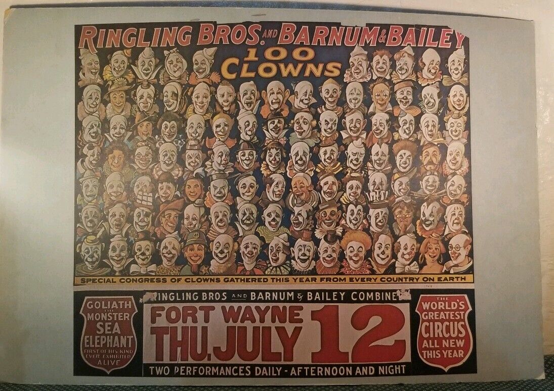 Ringling Brothers & Barnum & Bailey 1920s Reprint On Poster Board 100 Clowns