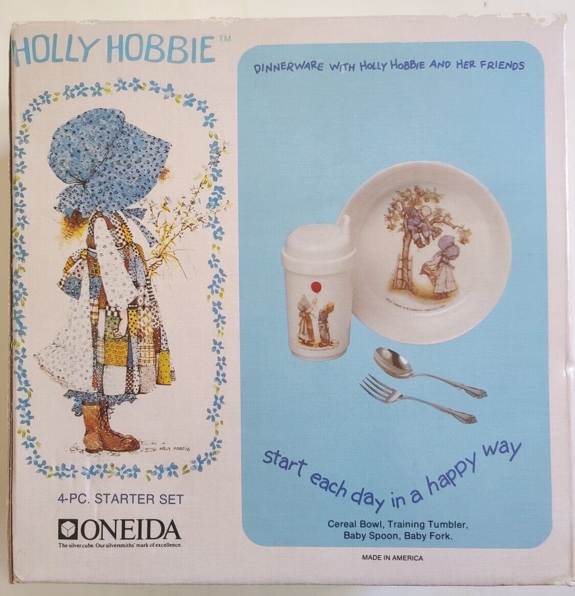 1978 New Holly Hobbie Vtg Starter Set oneida Starter Set Tumbler Baby Spoon Fork