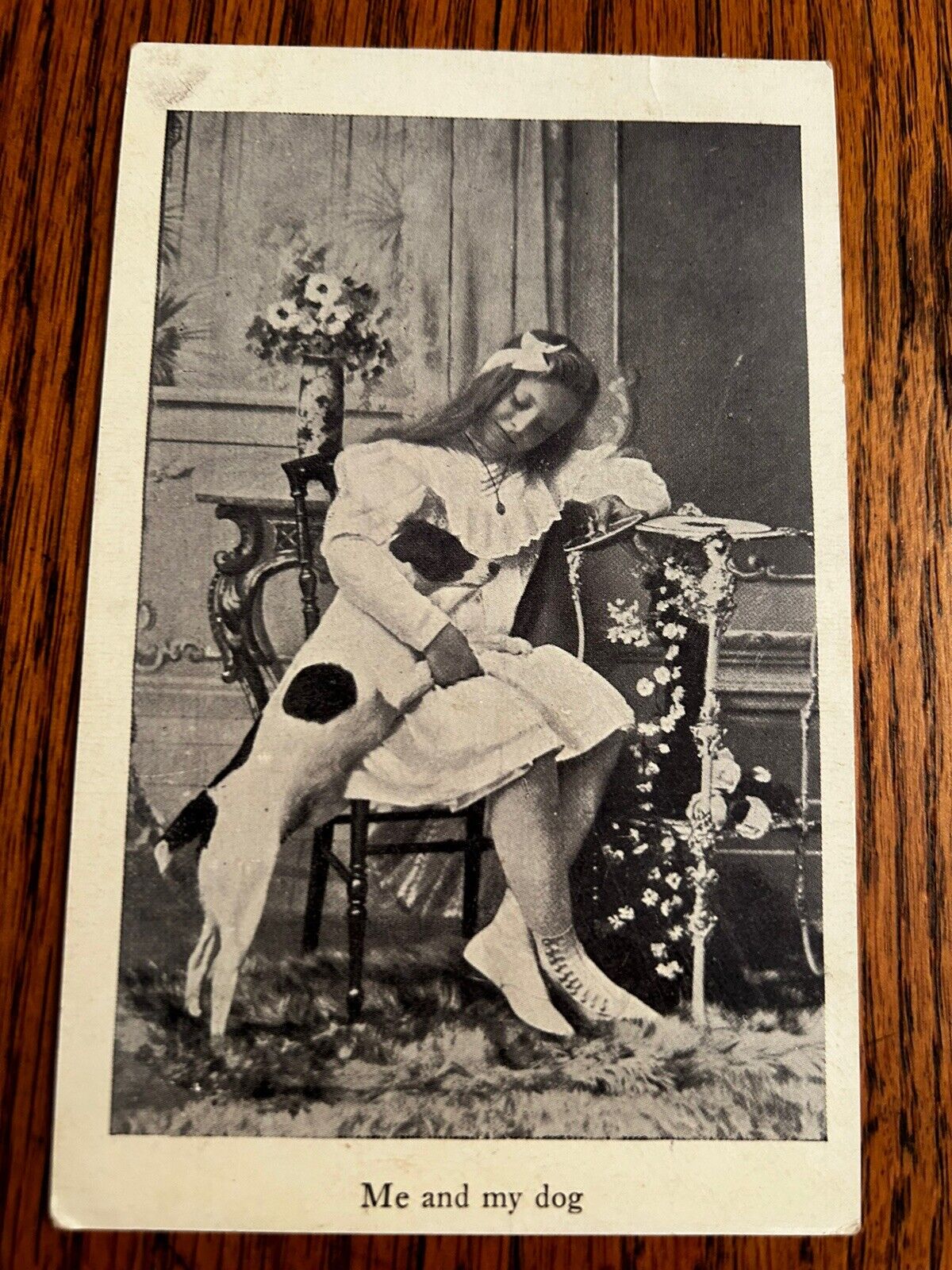 c1900s Me And My Dog ~ Young Girl Portrait With Dog Vintage Postcard UDB