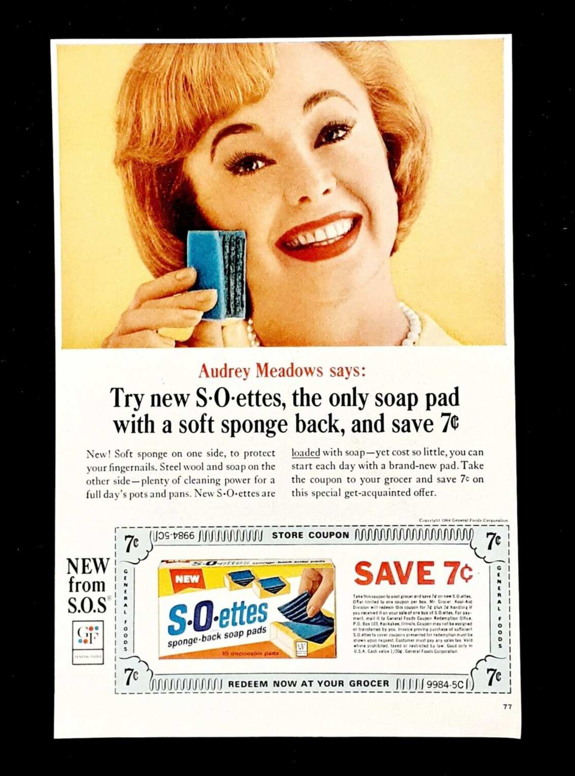 SOS cleaning coupon ad vintage 1964 Actress Audrey Meadows advertisement