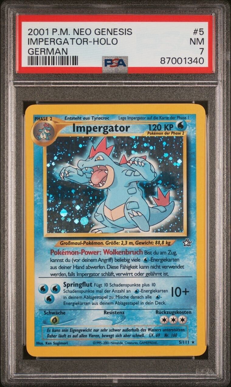 2001 Pokemon GERMAN Unlim. Neo Genesis Impergator-Feraligatr Holo 5/111 PSA 7NM