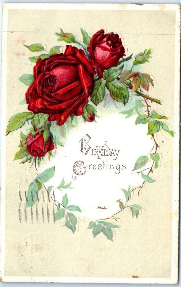 Postcard - Roses Embossed Print - Birthday Greetings