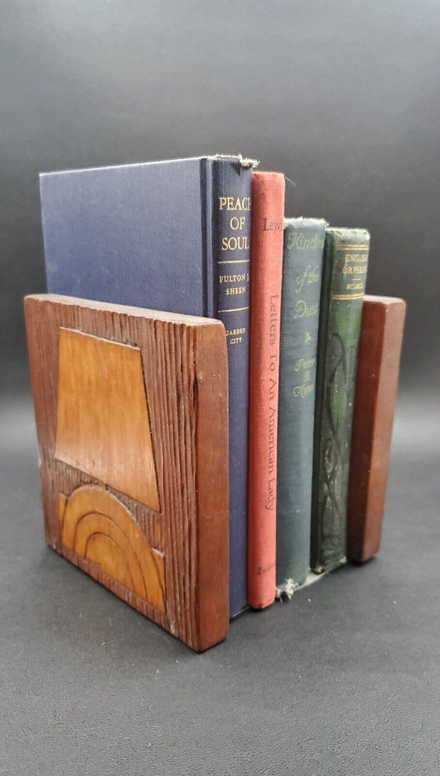 Vintage Homemade Hand Carved Wooden Bookends w/ Metal Bases Mid Century Abstract