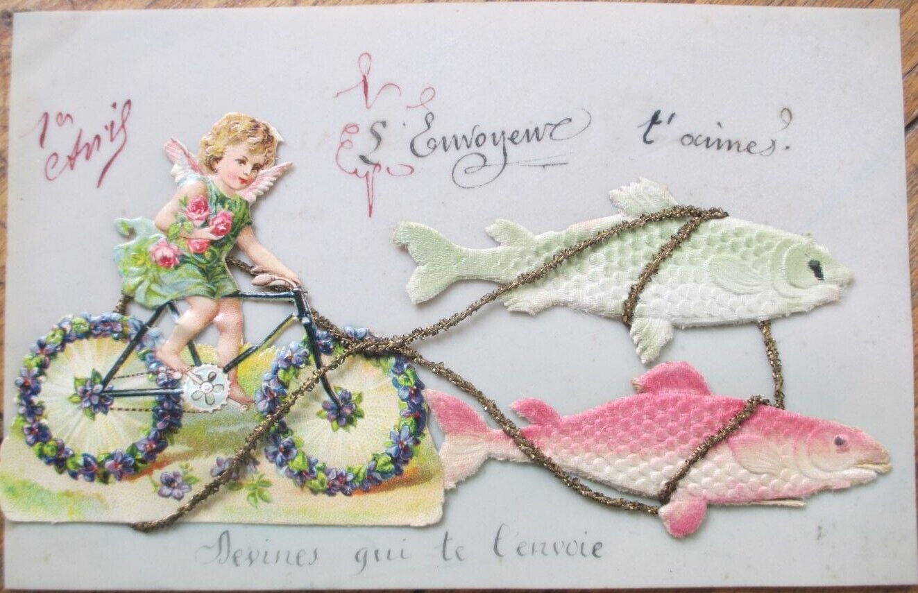 First of April Premier Avril 1910 French Novelty Celluloid Postcard Fish Bicycle