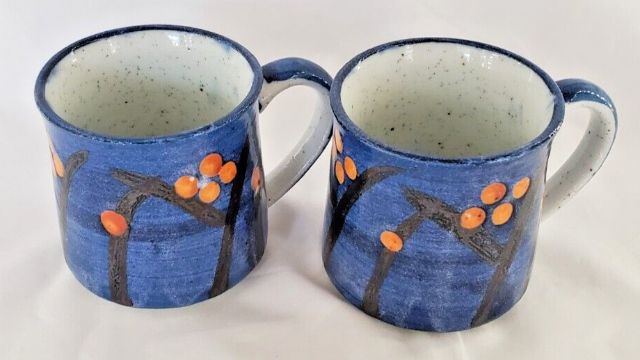 2 Vintage Unbranded Otagiri Style Blue Pattern Pottery Coffee Mugs Made In Japan