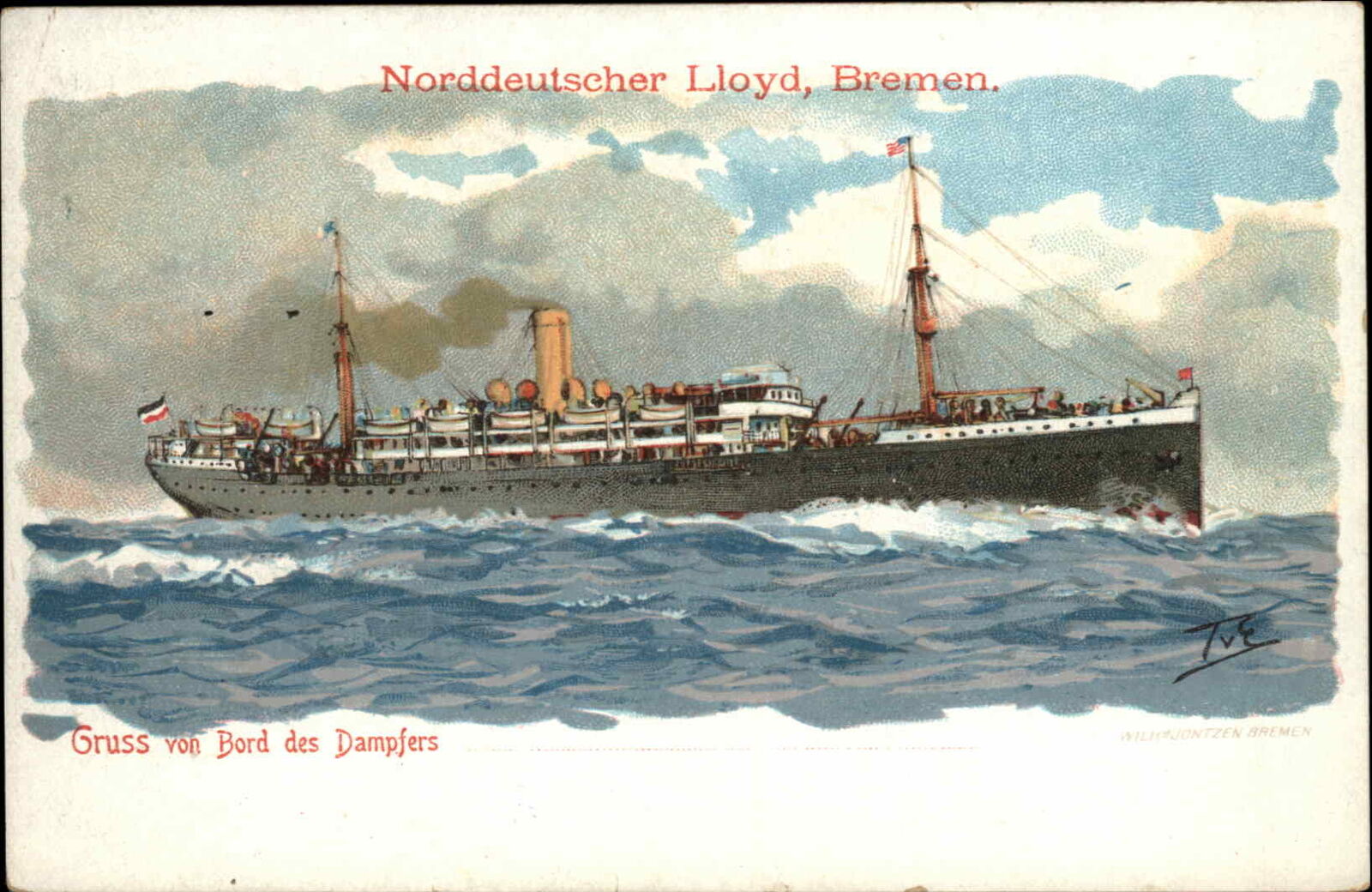 Norddeutscher Lloyd Bremen Gruss von Bord des Dampfers Steamer c1905 PC