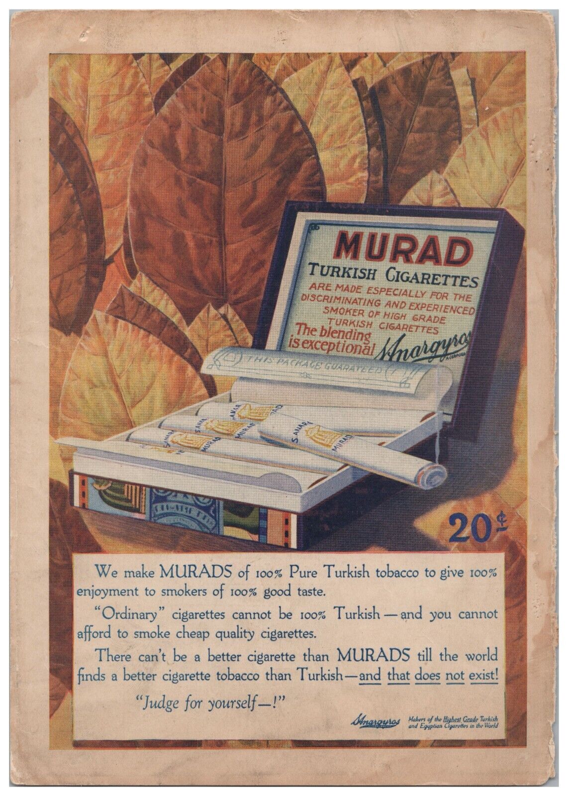 VINTAGE Print Ad Murad Turkish Cigarettes ~ Judge For Yourself 7x9.5\