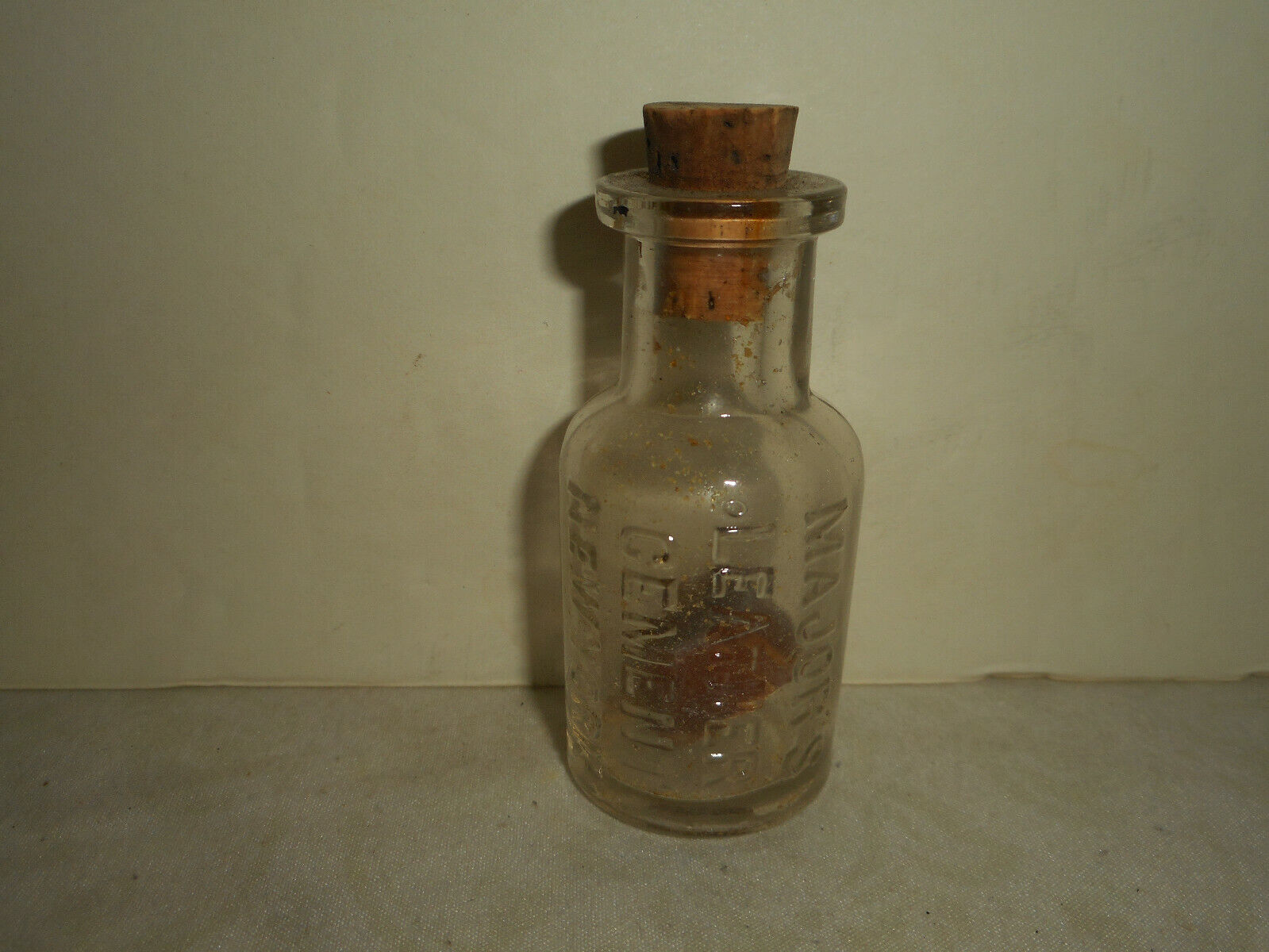 Antique Miniature Major\'s Leather Cement NY Embossed Glass Bottle with Cork