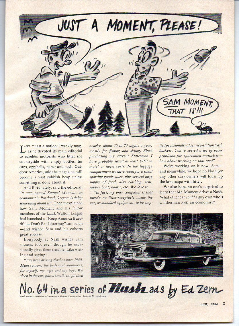1954 Vintage Ad Nash Cars #64 in Series by Ed Zern Cartoon Fisherman