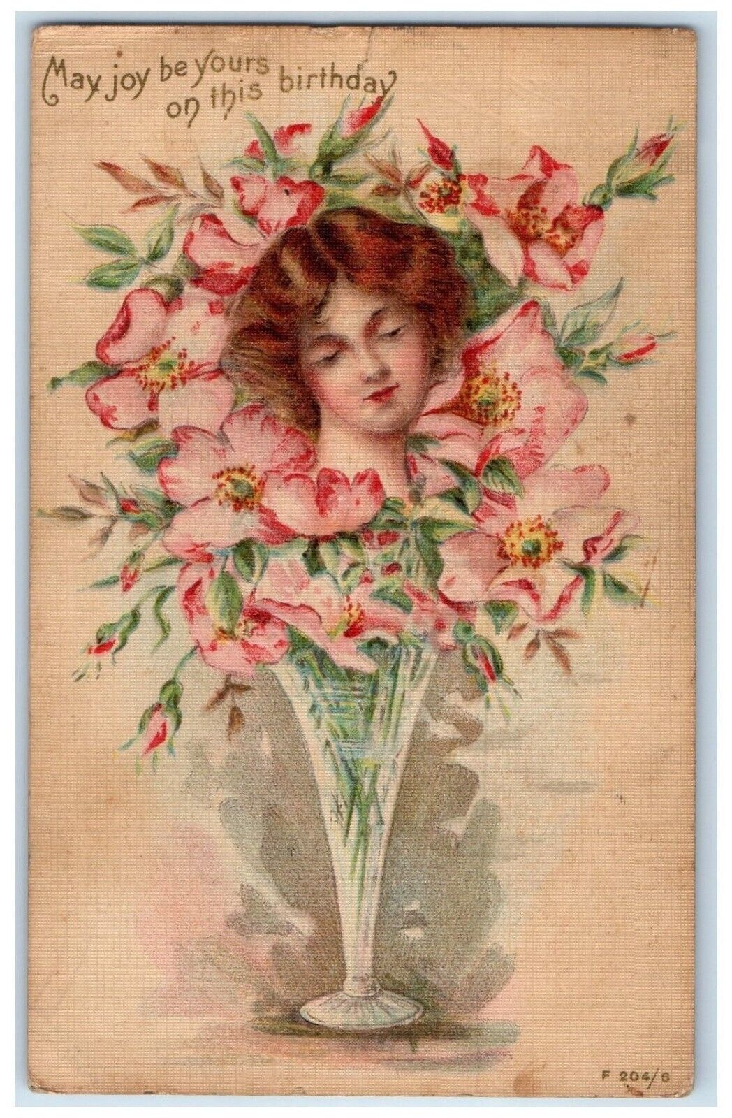 1907 Birthday Pretty Girl Pink Flowers Vase Yarmouth IA Shreveport LA Postcard