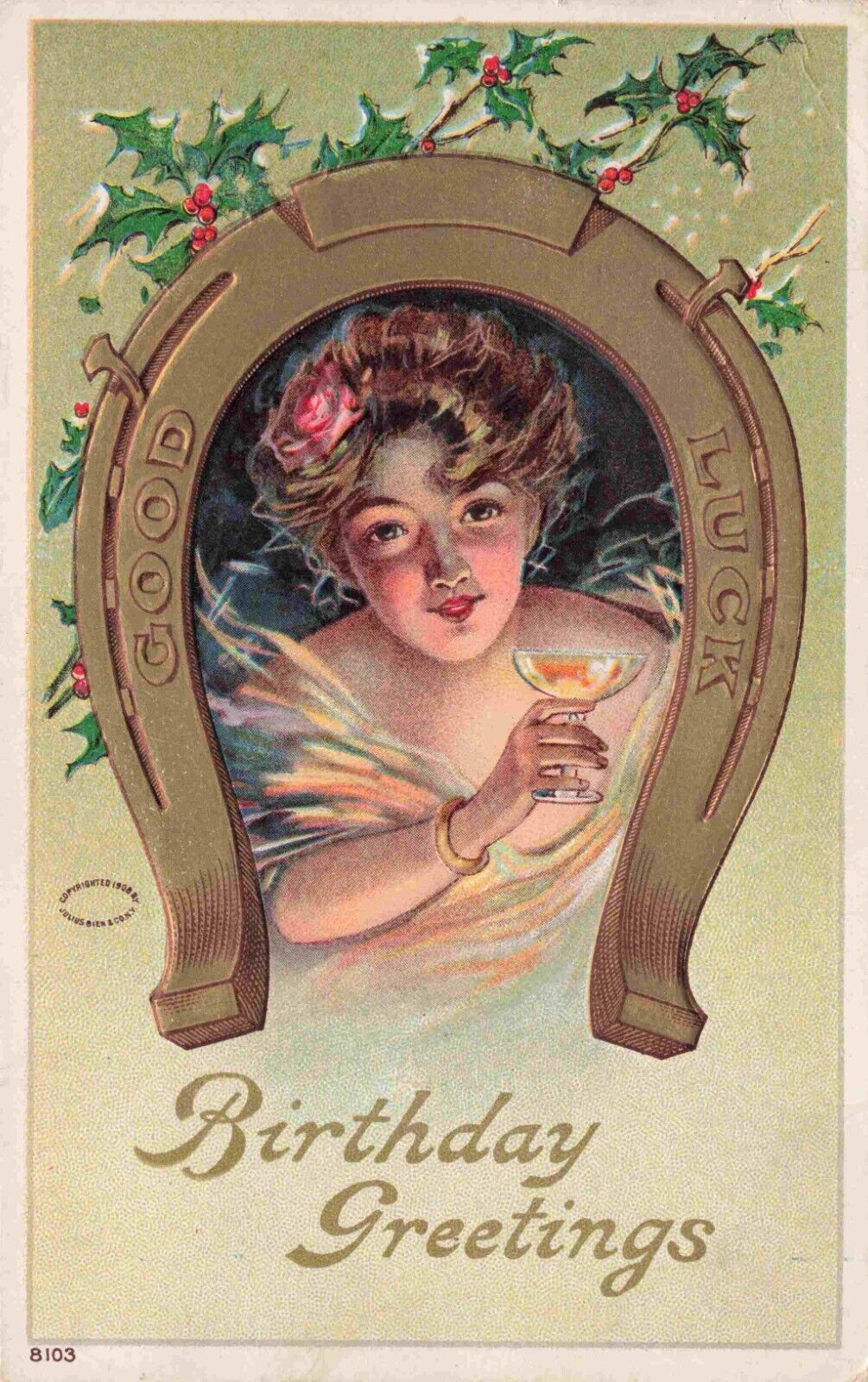 Beautiful Woman with Champagne Good Luck Horseshoe Birthday Julius Bien Postcard