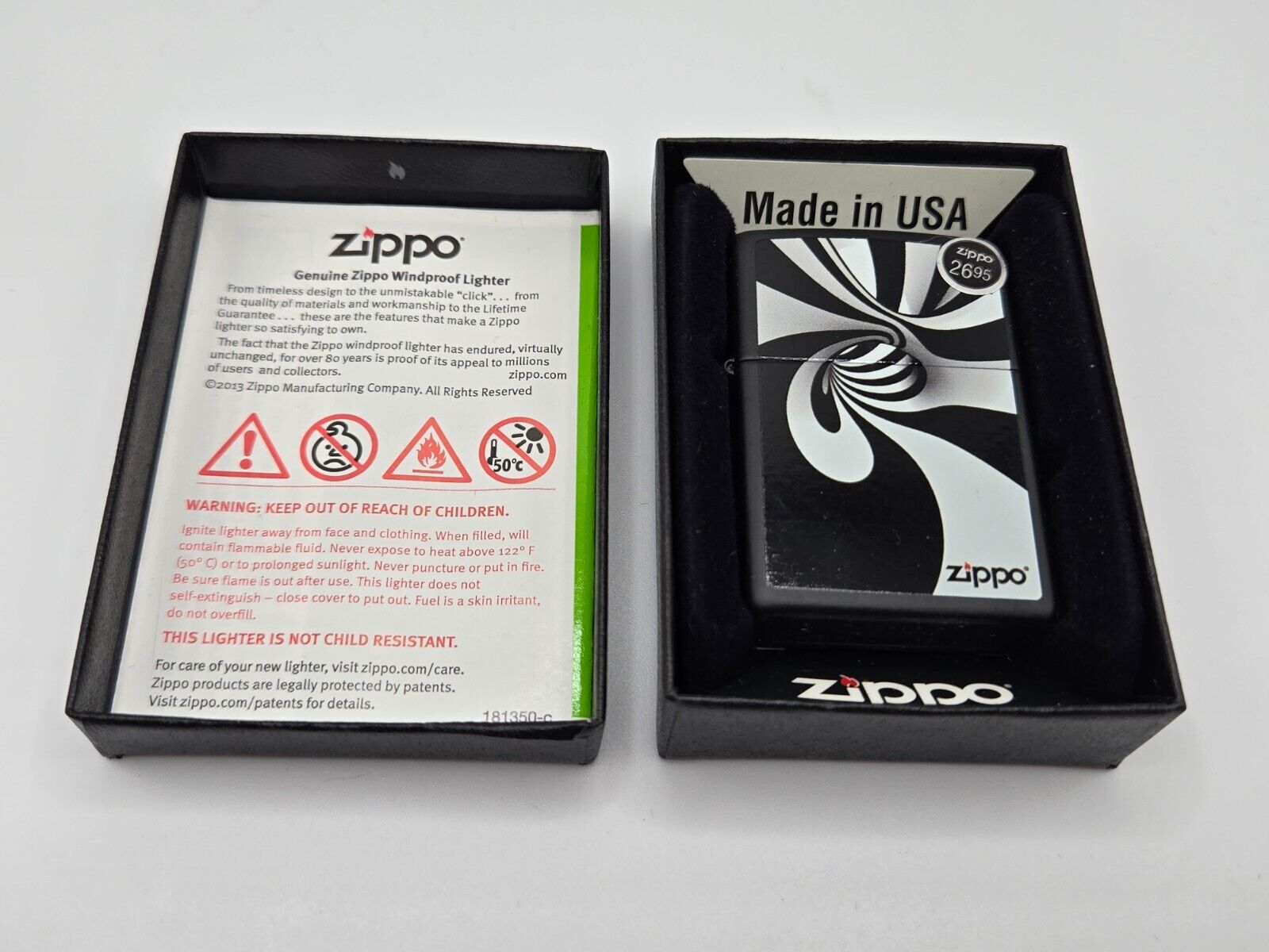 New ZIPPO Lighter Black Satin 28297 Black and White Spirals USA D13