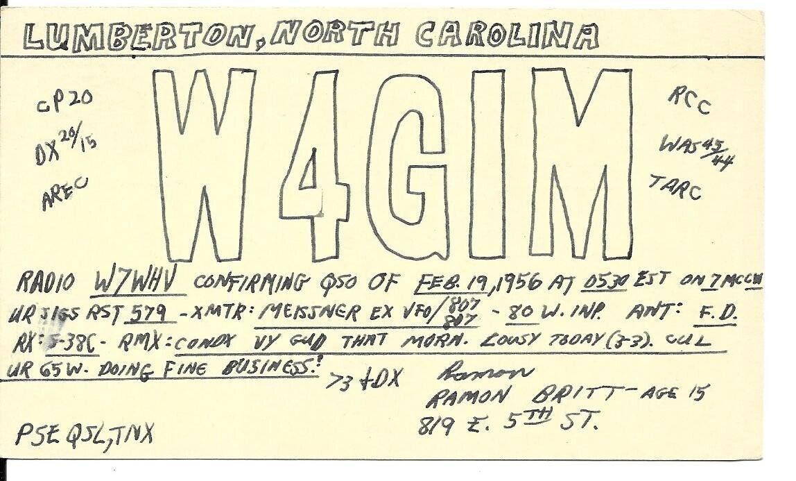 QSL  1956 Lumberton   North  Carolina   radio card