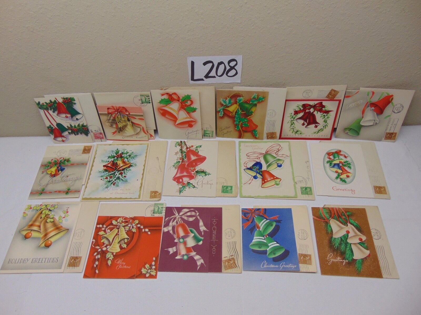 16 VINTAGE CHRISTMAS CARD LOT 1940\'S W/ENVELOPE & STAMP GOLD BELLS-HOLLY BERRY 