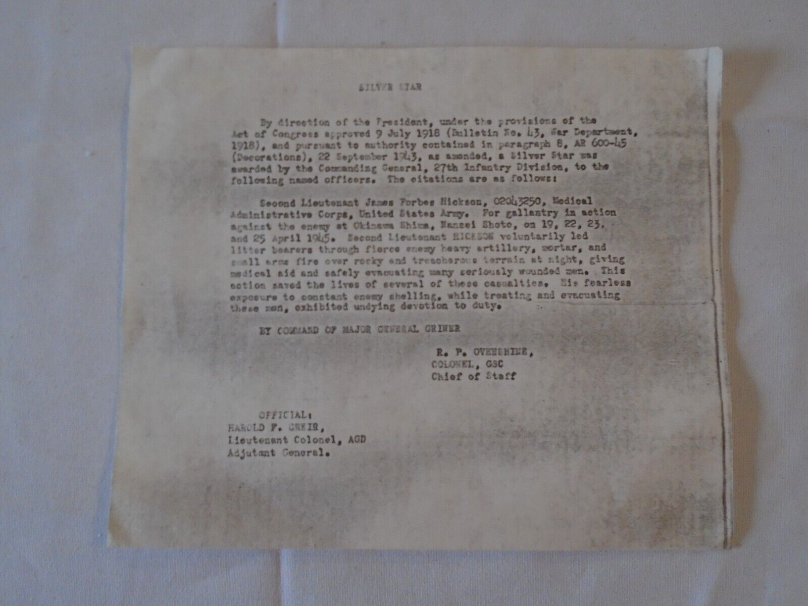 1945 WWII Okinawa Japan Copy of US Army Silver Star Letter Award Notification