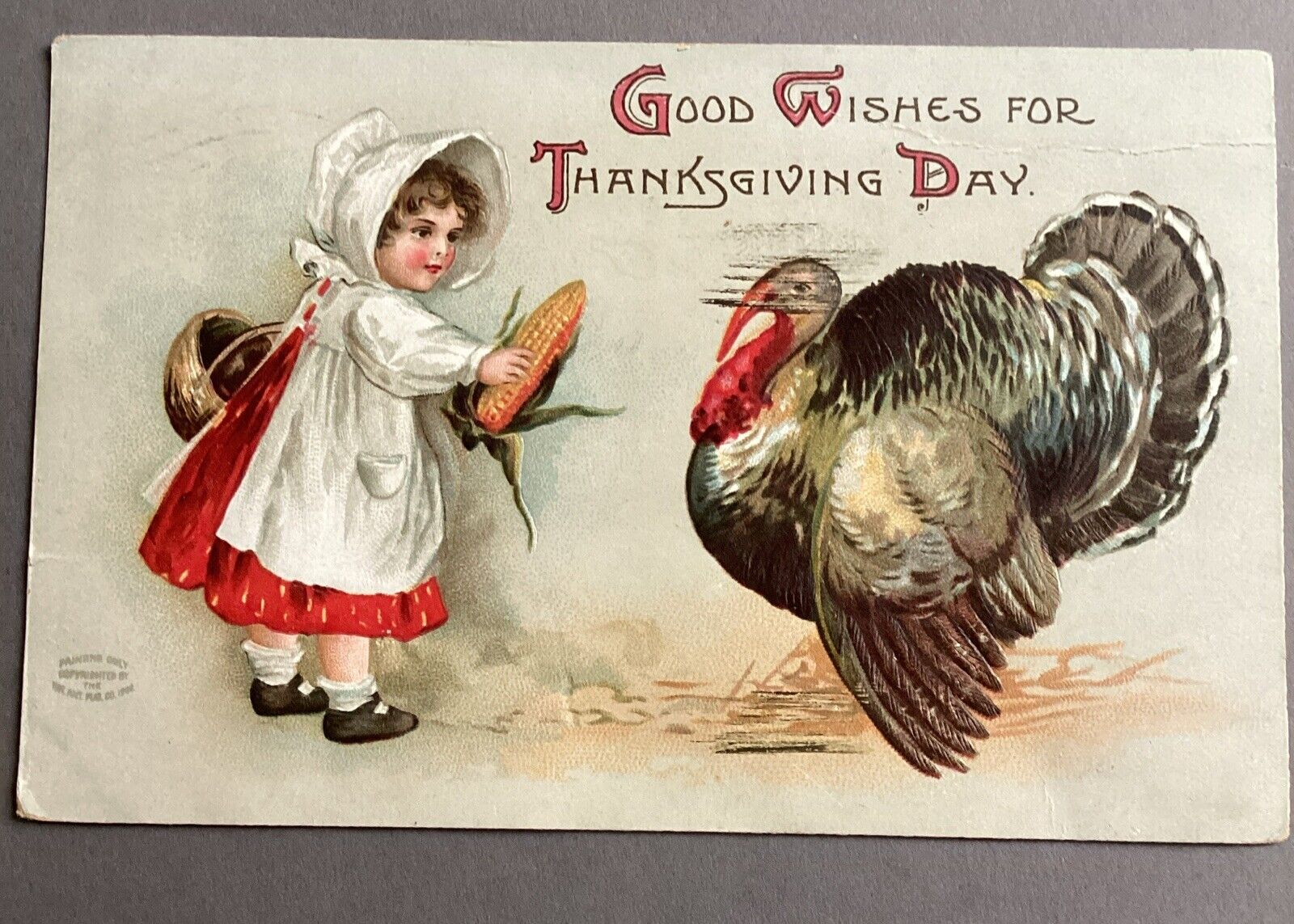 Vintage Thanksgiving postcard unsigned clapsaddle embossed turkey girl corn