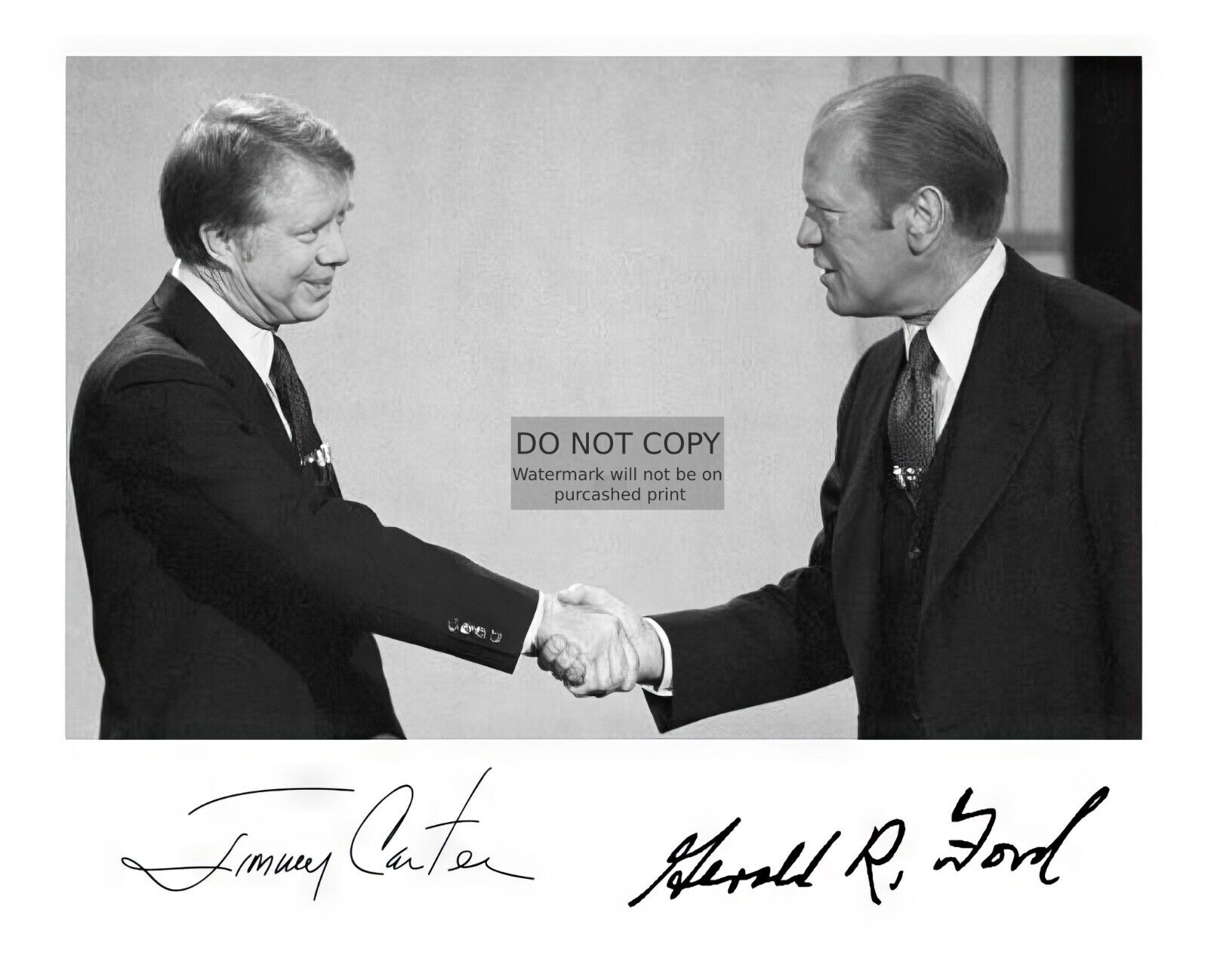 PRESIDENT JIMMY CARTER AND GERALD FORD SHAKING HANDS AUTOGRAPHED 8X10 PHOTO