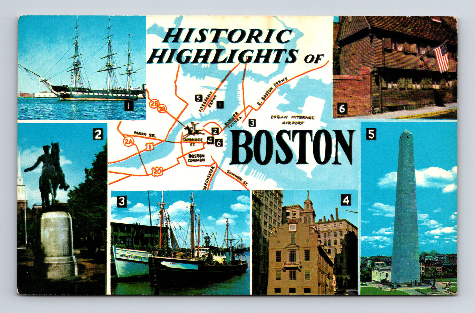 Historic Highlights Multi-View Map of Boston Massachusetts MA Postcard