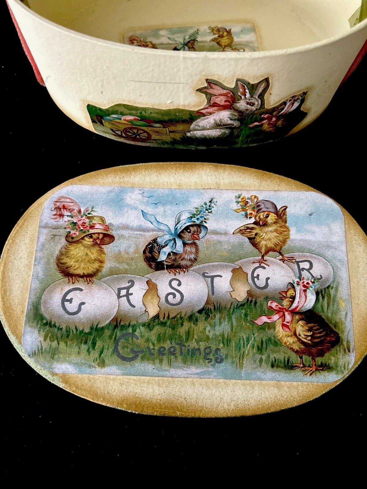 VTG Easter Box With Satin Ruban. Precious + Hand Knitted Rabbit Mint Condition