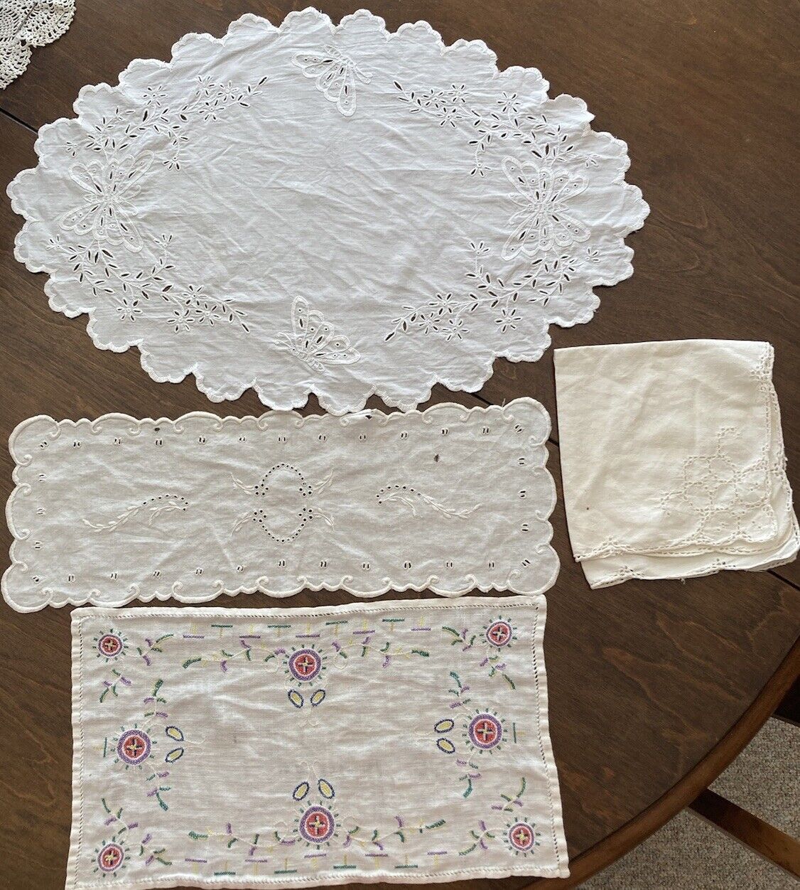 Lot of 3 Vintage White Dresser Scarf and 1 Napkin As Is