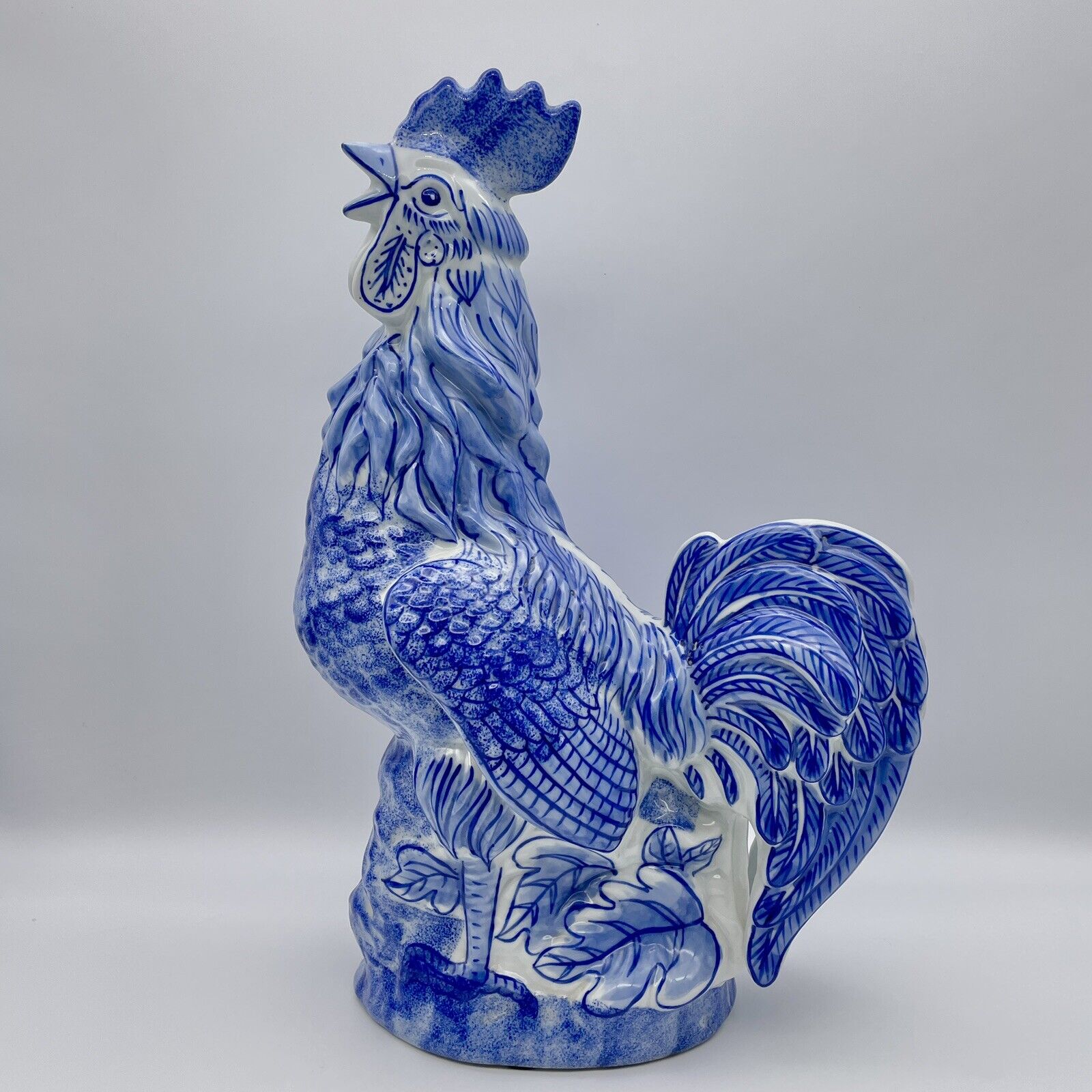 Rooster Statue Chinoiserie French Country Gorgeous Ceramic Blue & White 15\