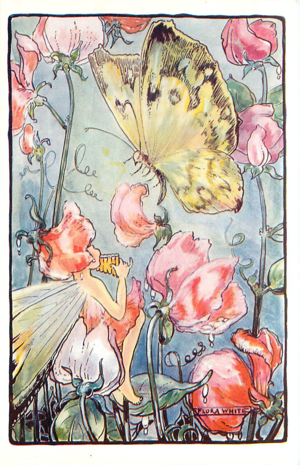 Fantasy Postcard S/A Flora White Fairy Plays Pan Flute For Butterfly, Unposted