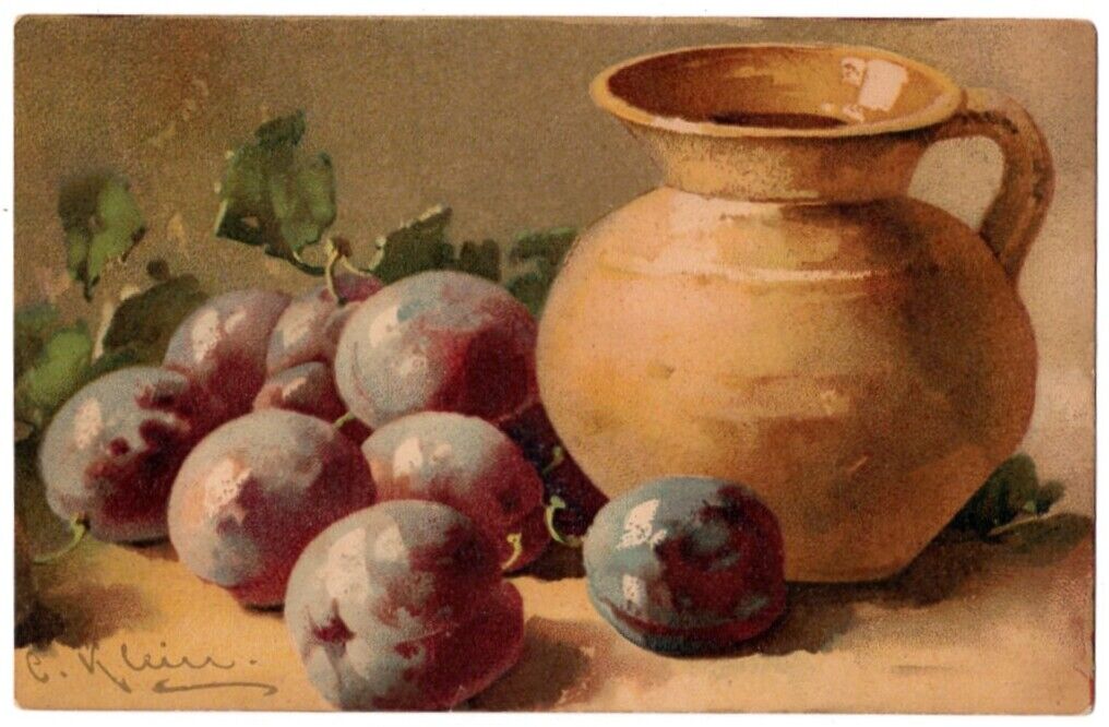 LOVELY VINTAGE A/S CATHERINE KLEIN STILL LIFE POSTCARD PITCHER WITH PLUMS 070321