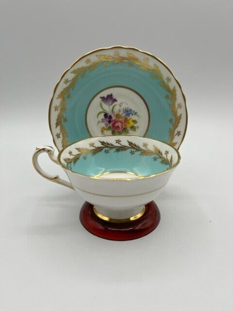 Vintage Paragon Bone China Teacup and Saucer Teal And Gold Floral Pattern