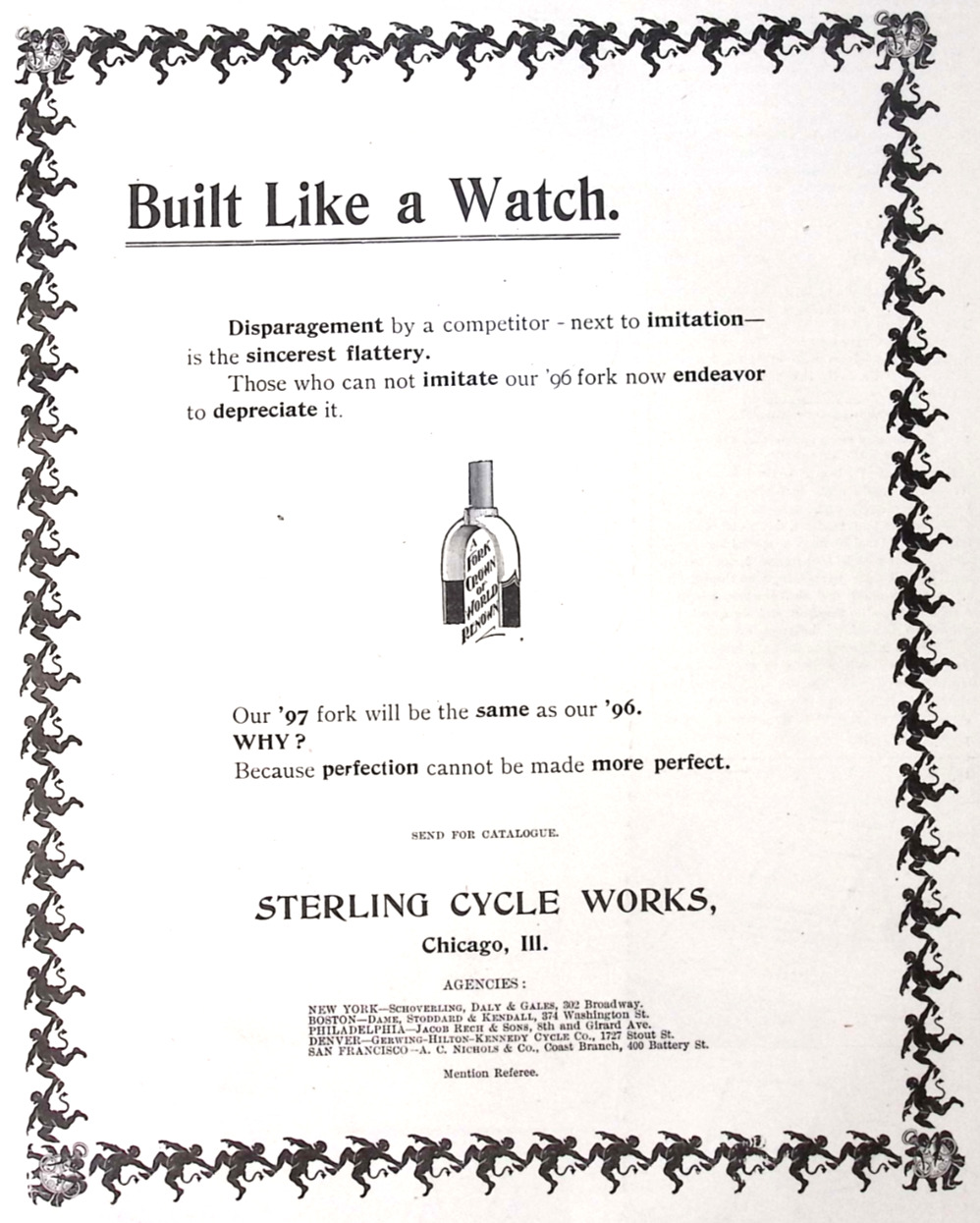 1896 Sterling Cycle Works Bicycles Built Like A Watch Bicycle Trade Print Ad