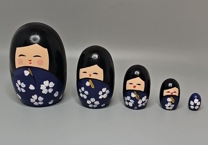 Matryoshka Kokeshi Blue Set of 5 Nesting Dolls Wooden 4\