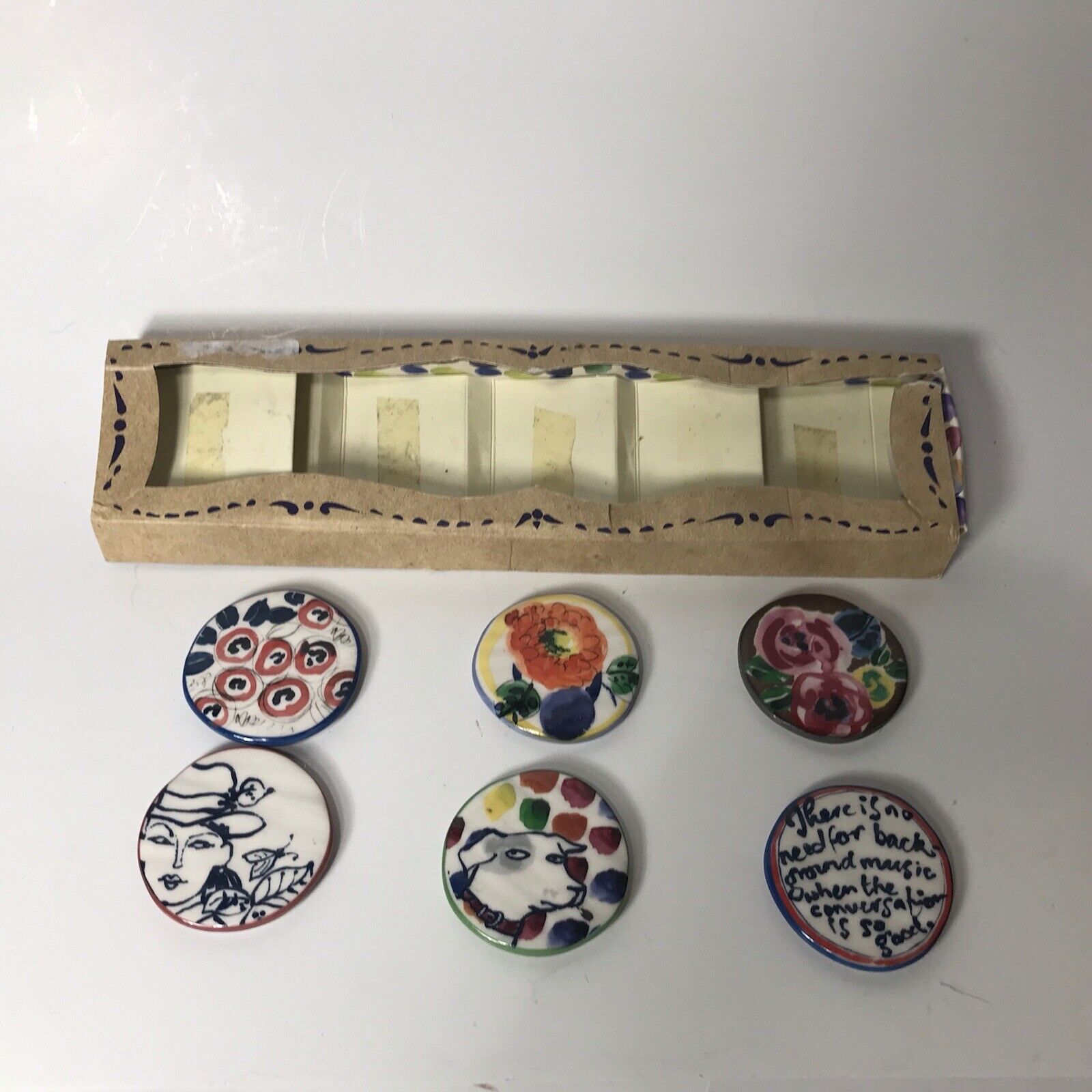 Anthropologie Moments Painted Pottery Refrigerator Magnets Set of 6 Dog Floral