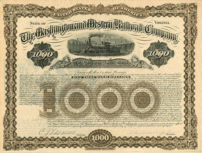 Washington and Western Railroad Co. - $1,000 - Bond - Railroad Bonds