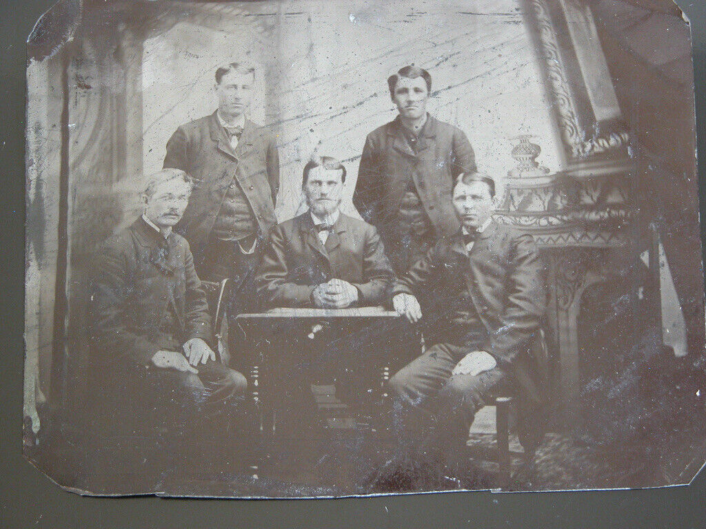 Antique 1890s LARGE 4X5 Tintype Victorian 5 Gentleman Meeting American Frontier
