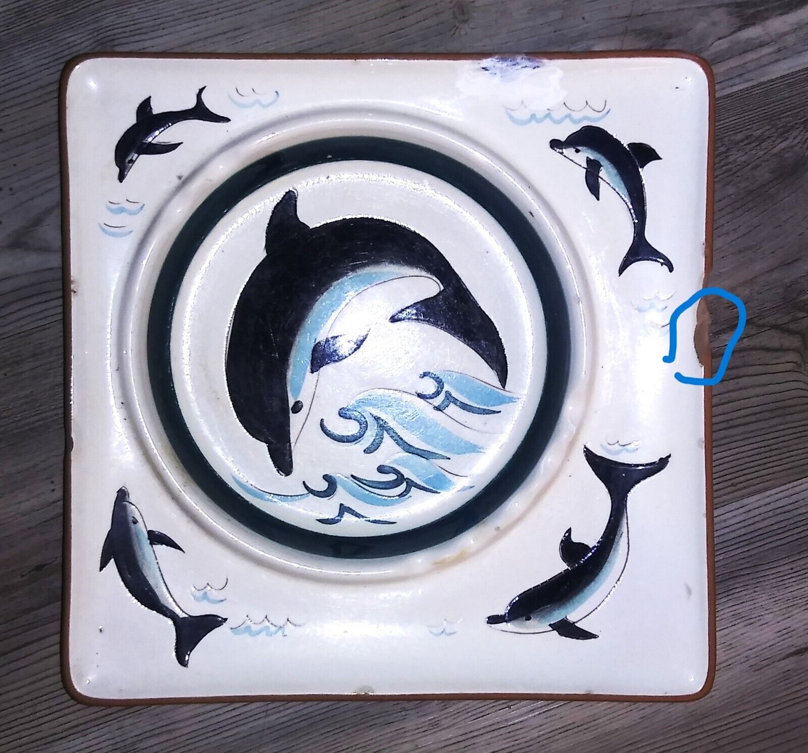 Vtg Stangl MCM Hand Made Pottery Dolphin Ashtray Cigar tray decor Teal Black