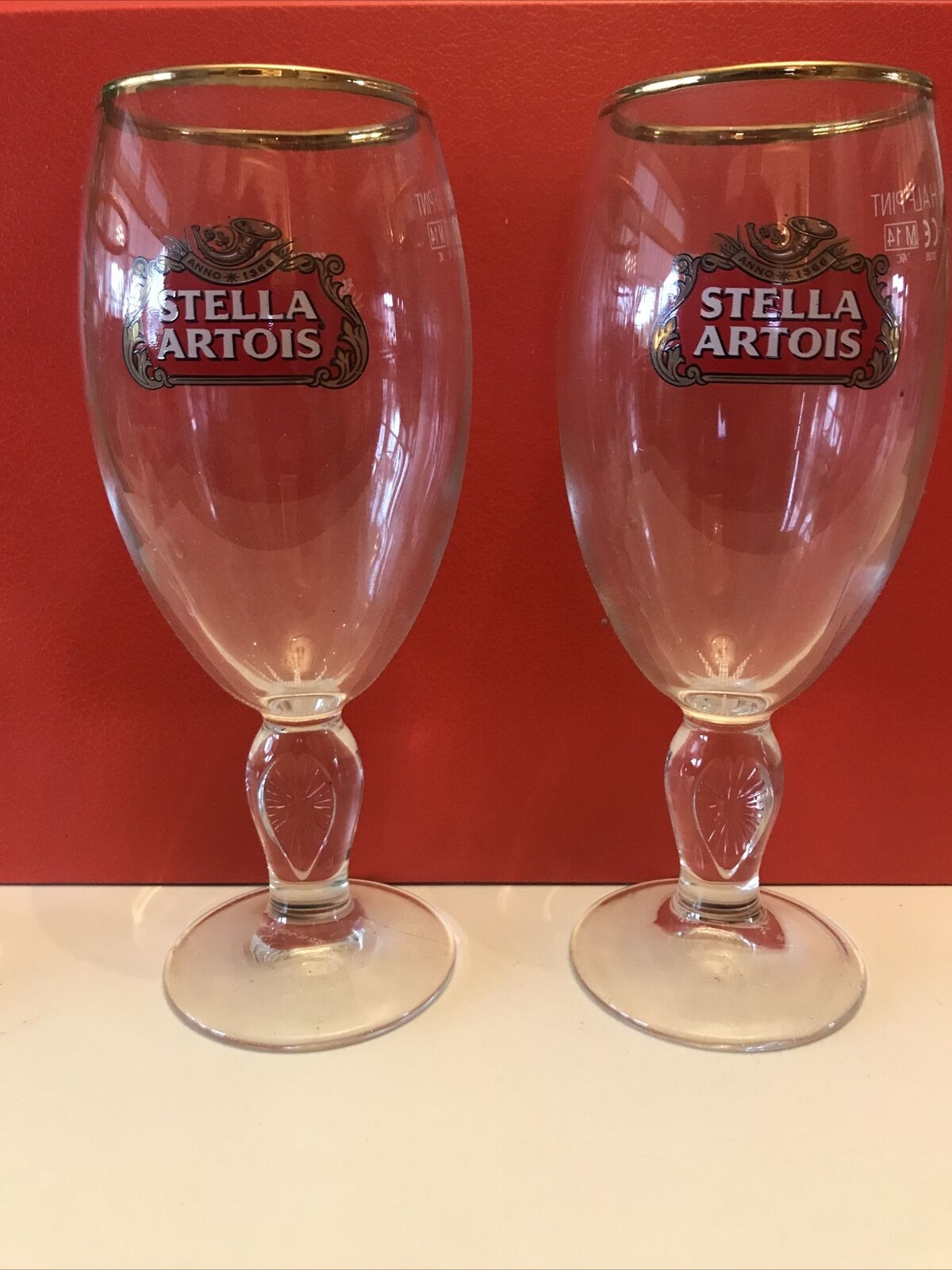 2 X Stella Artois Half Pint Glasses, Gold Rim Collectors Rare