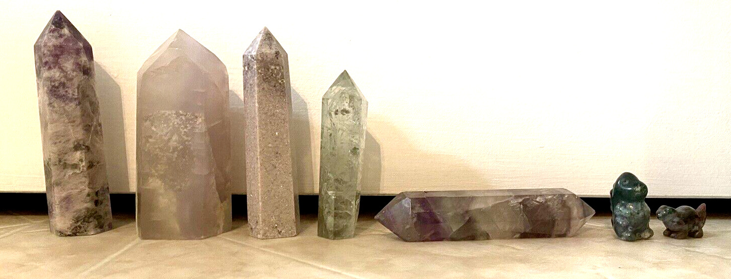 Lot 7 Crystals: Lepidolite, Lavender Fluorite, Prasiolite, Rainbow, Ocean Jasper