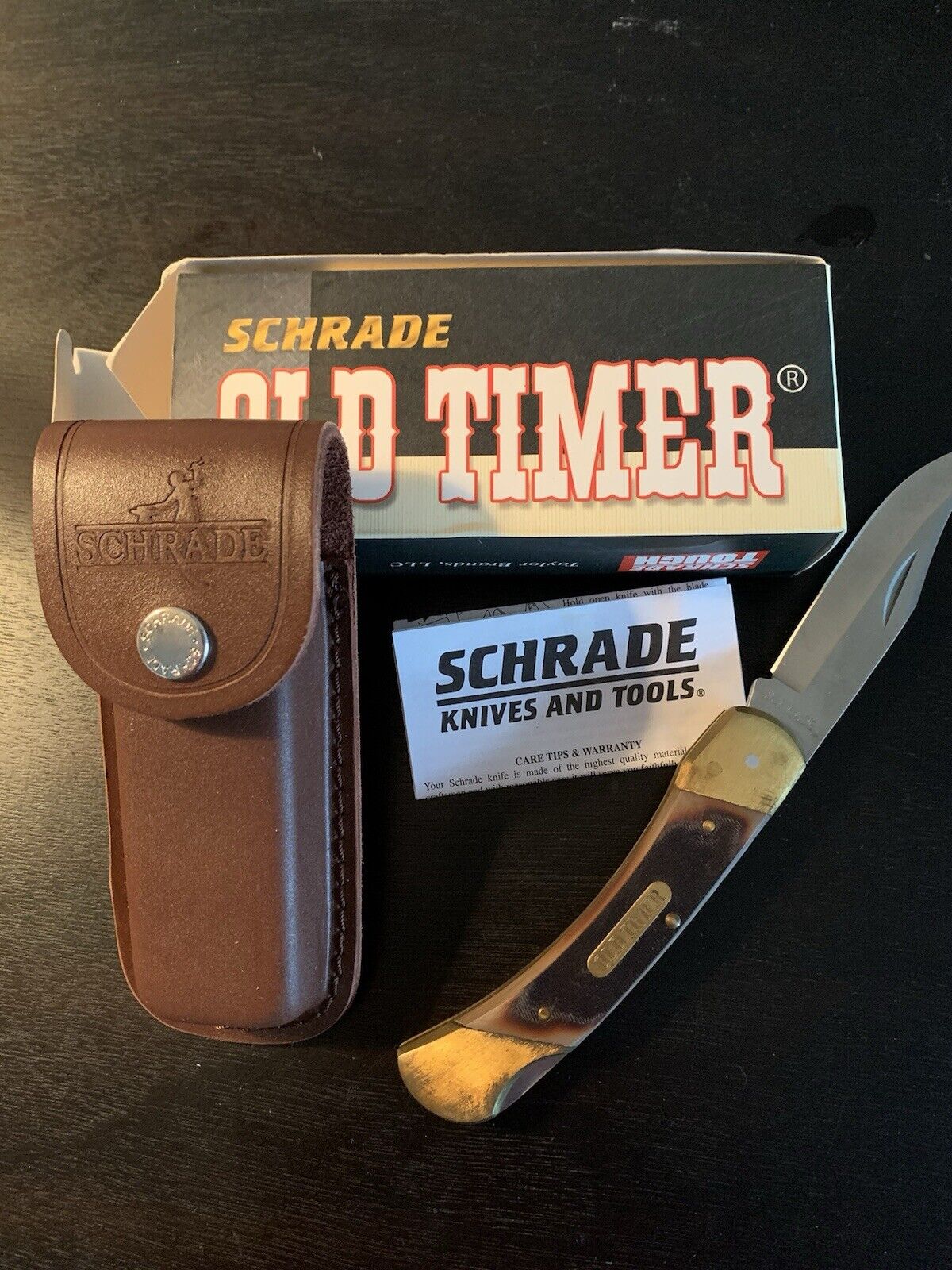 Schrade Old Timer Cave Bear Lockback Folding Knife With Leather Sheathe And Box