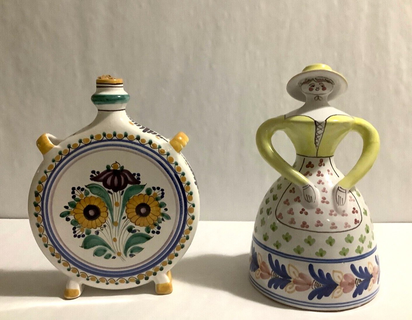 Pair VTG Handmade P. Arzobispo Spain TALAVERA Pottery Lady Bell & Botijo Vessel