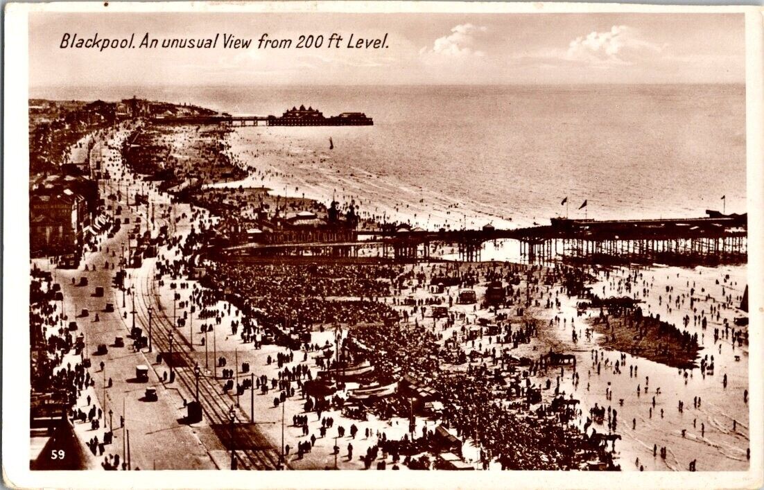 rare vintage real photo postcard - Blackpool. An unusual View from 200. unposted