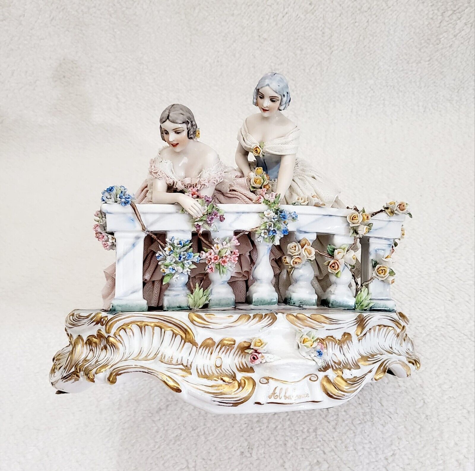 Antique Large Capodimonte Luigi Fabris Al Balcone Porcelain Lace Group Figurine