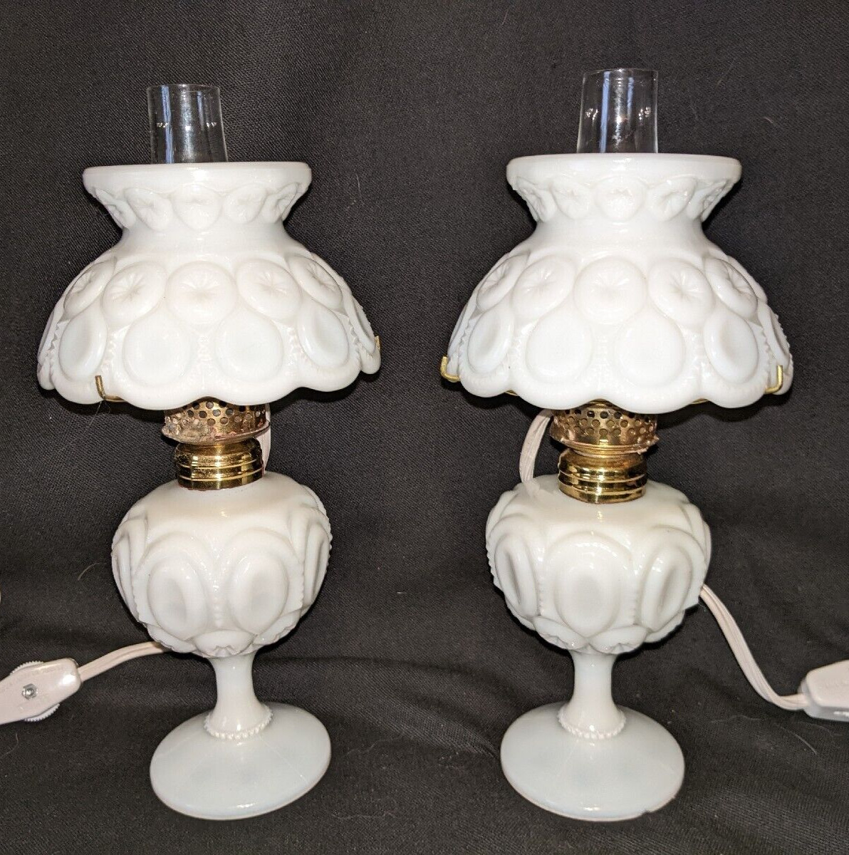 Vintage Pair LG Wright Moon & Star Milk Glass Miniature Mini Lamps Electric Oil