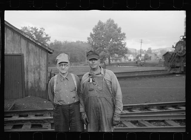 Photo:Engineer and brakeman in railroad yards, Elkins, West Virginia