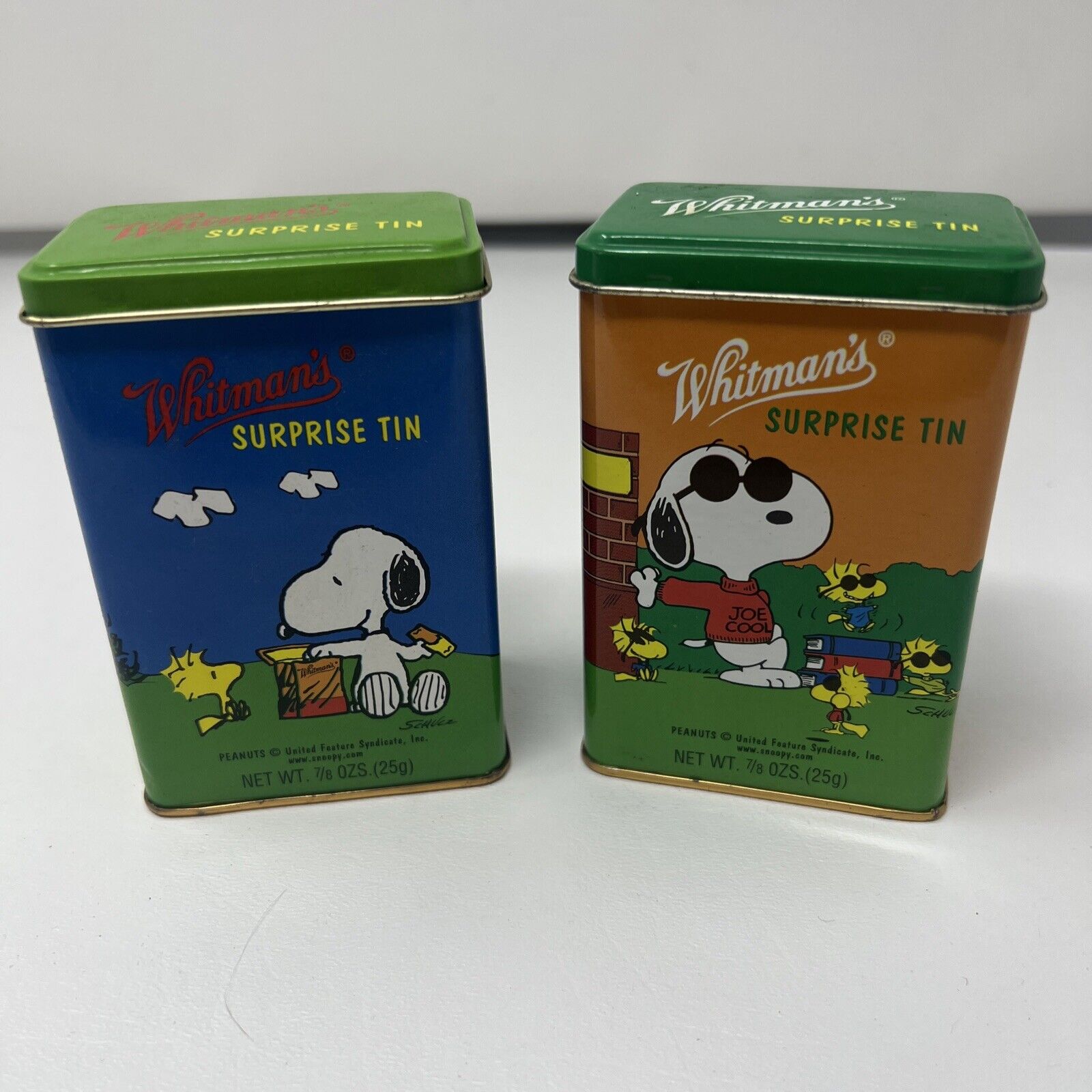 Whitman\'s Surprise Tin - LOT of 2 - Peanuts Snoopy Joe Cool - Empty