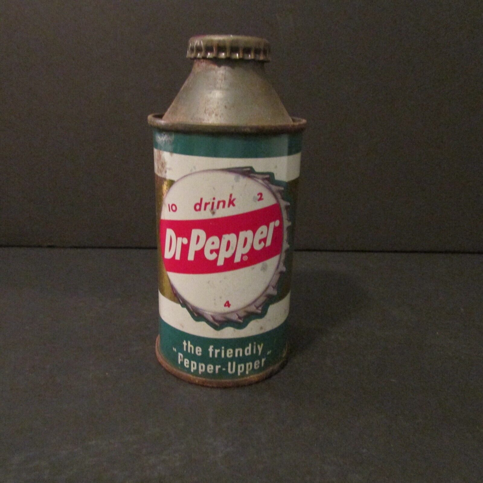 Vintage Dr Pepper Cone Top Soda Can W/ Attached Bottle Cap 6 oz RARE HTF