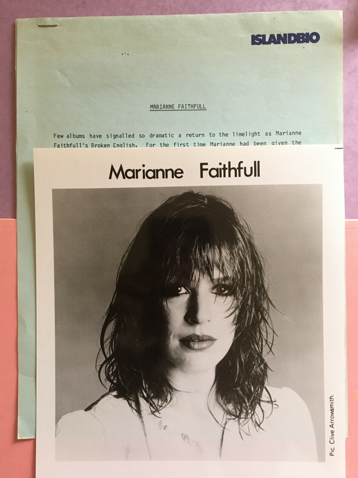 Marianne Faithfull , original vintage press kit headshot photo with biography